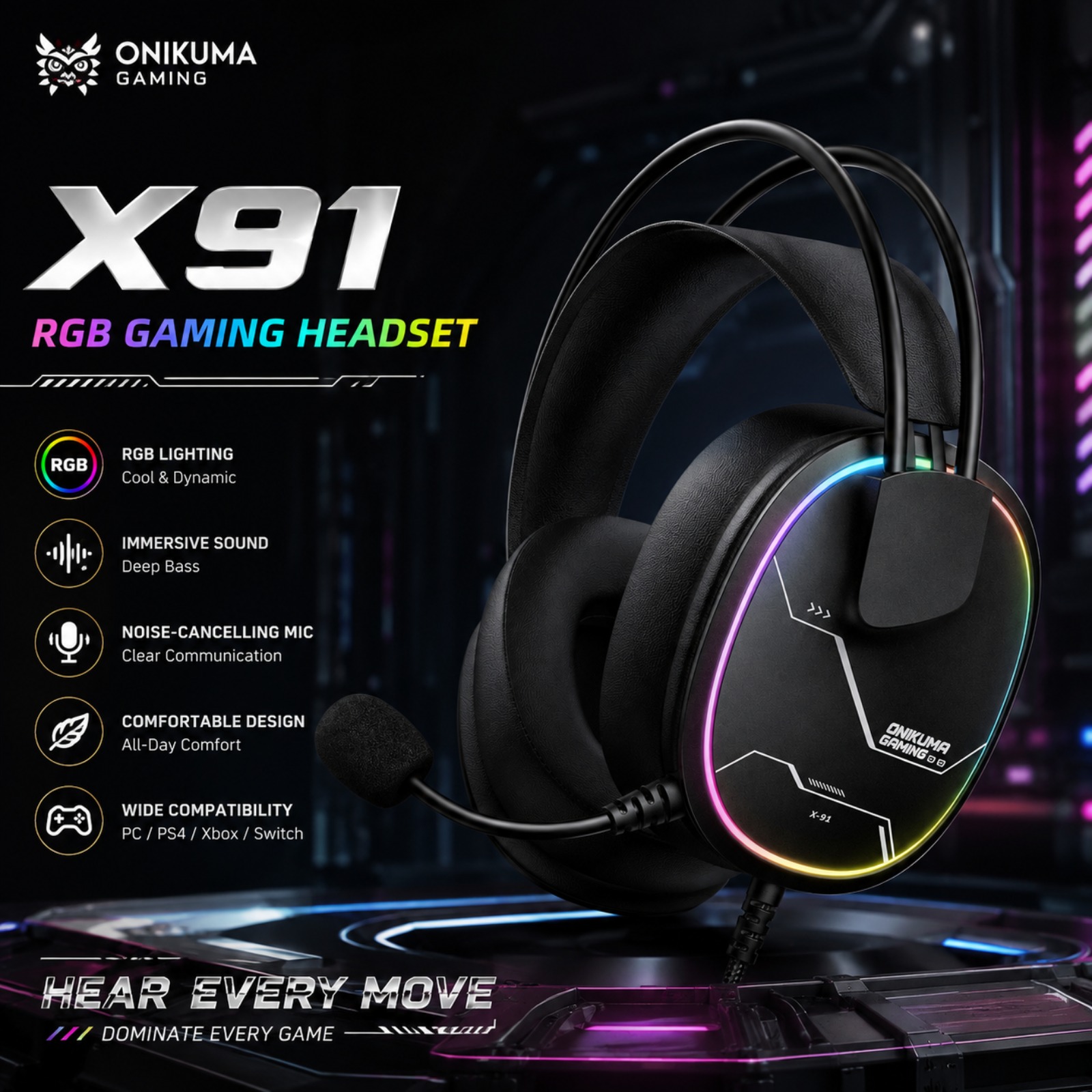 Gaming Headset With Mic Rgb - Cuffie da gioco cablate ONIKUMA X91